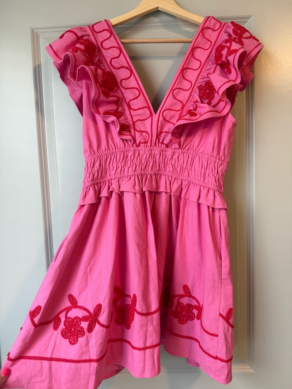 Pink Embroidered V-Neck Ruffle Sundress - Picture 2 of 3